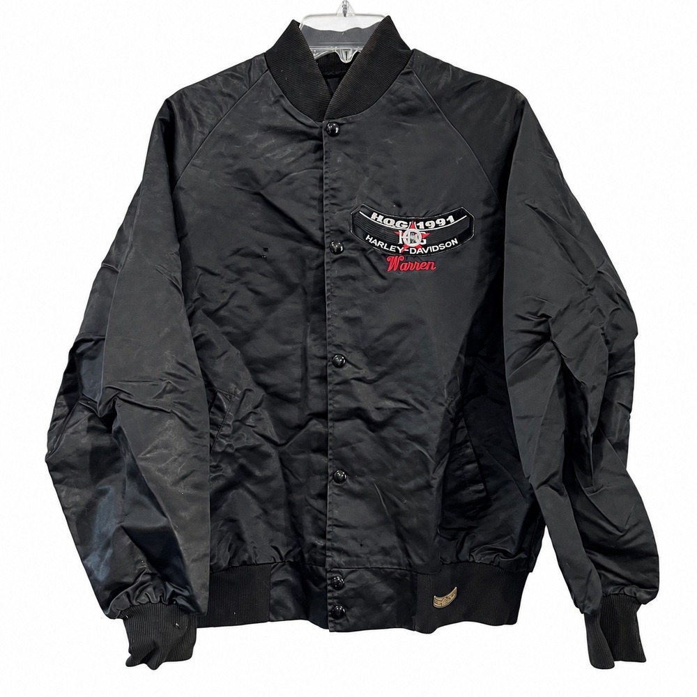 Vintage 1991 Harley Davidson HOG Bomber Jacket Black Nylon Mens Size XL